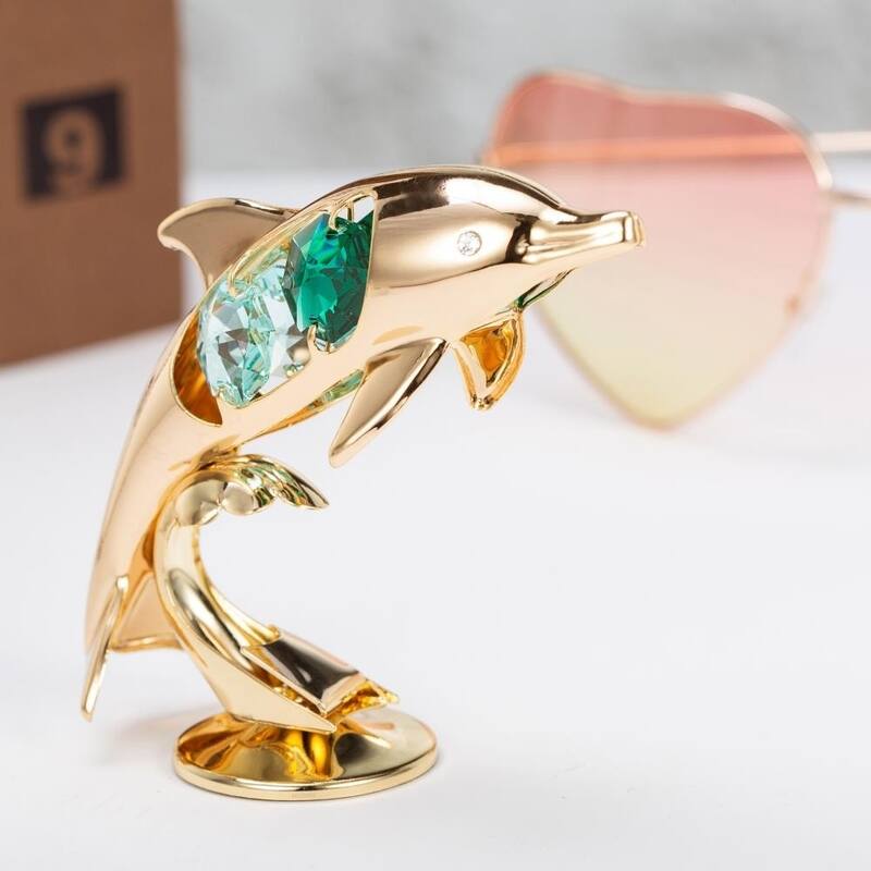 24K Gold Plated Crystal Studded Dolphin Riding Wave Figurine Ornament by Matashi