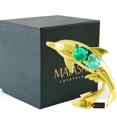 24K Gold Plated Crystal Studded Dolphin Riding Wave Figurine Ornament by Matashi
