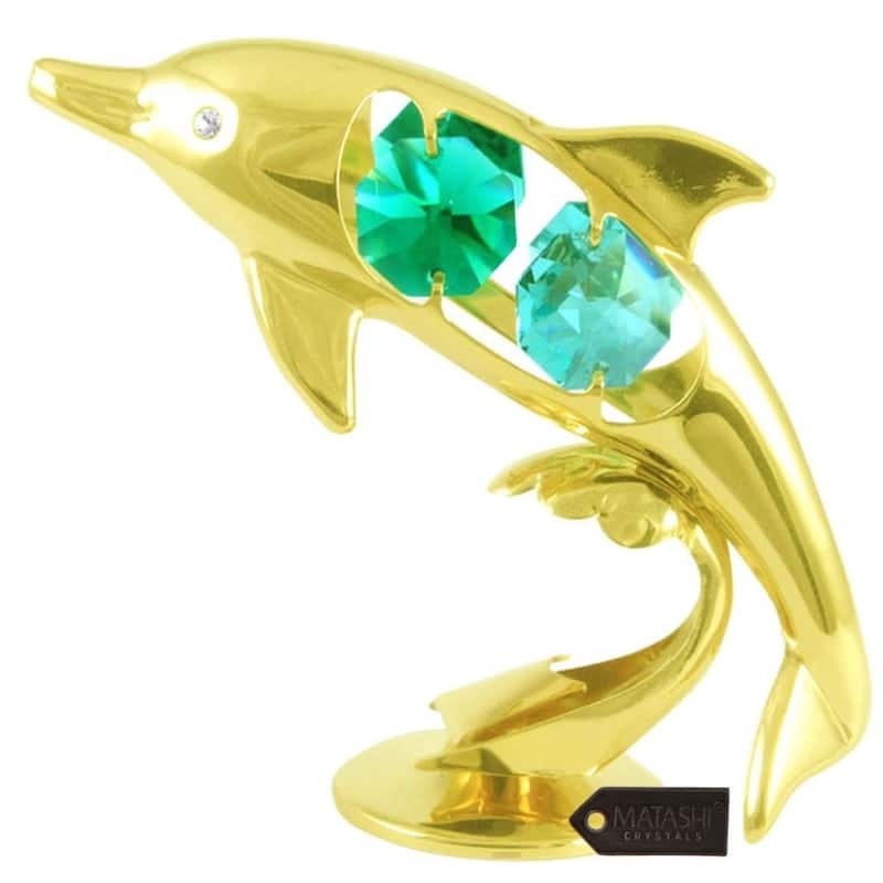 24K Gold Plated Crystal Studded Dolphin Riding Wave Figurine Ornament by Matashi