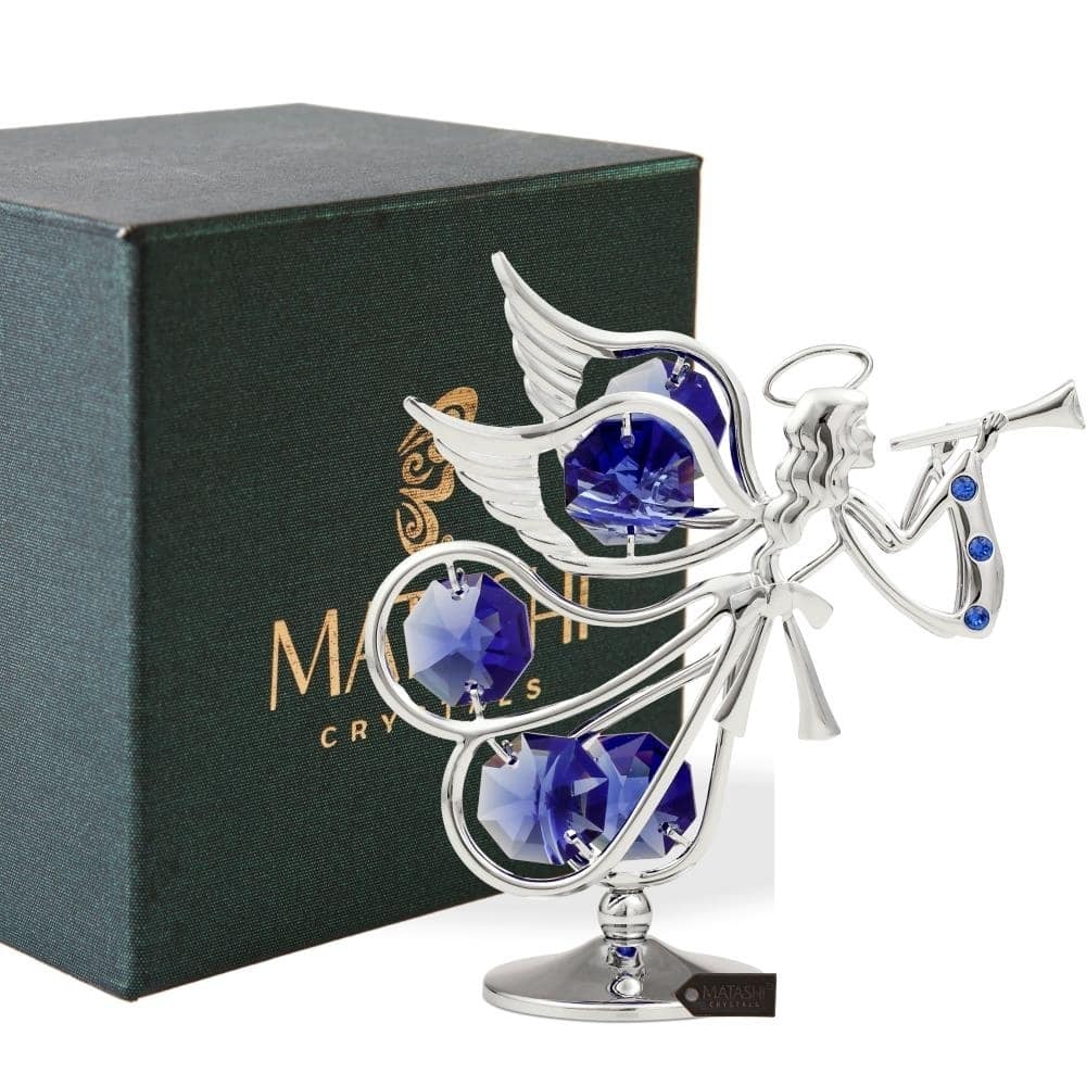 Matashi Chrome Plated w/ Crystal Flying Angel Playing A Trumpet Ornament