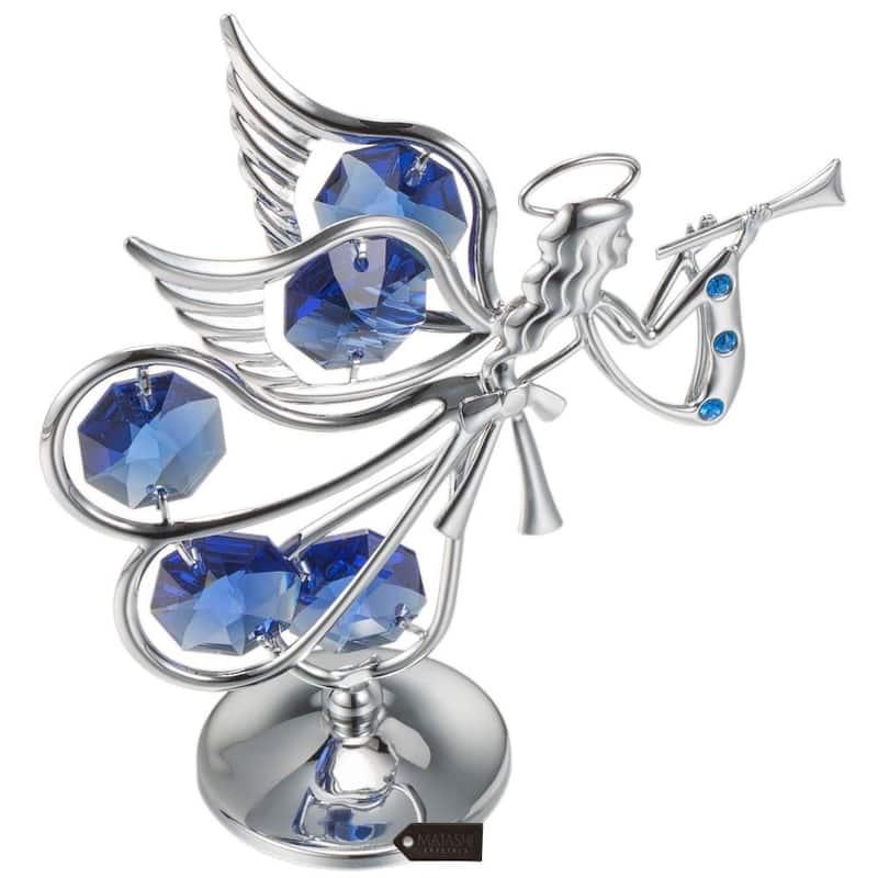 Matashi Chrome Plated w/ Crystal Flying Angel Playing A Trumpet Ornament