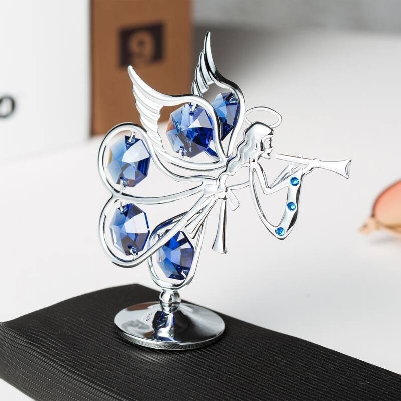 Matashi Chrome Plated w/ Crystal Flying Angel Playing A Trumpet Ornament