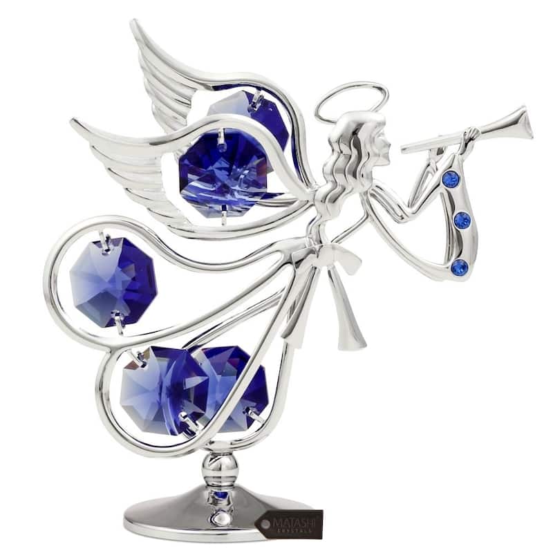 Matashi Chrome Plated w/ Crystal Flying Angel Playing A Trumpet Ornament
