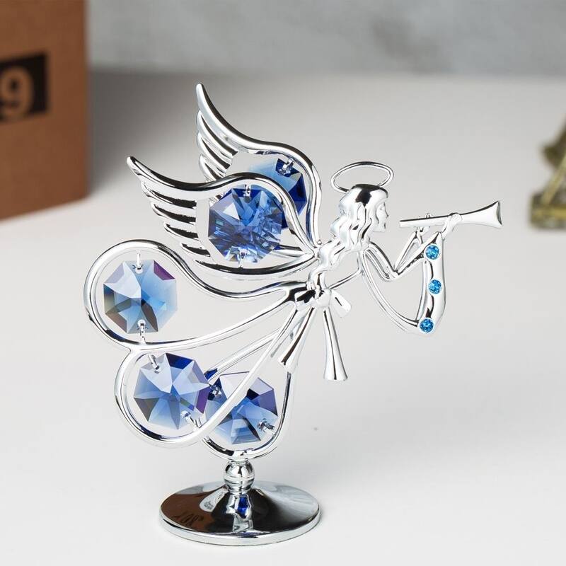 Matashi Chrome Plated w/ Crystal Flying Angel Playing A Trumpet Ornament