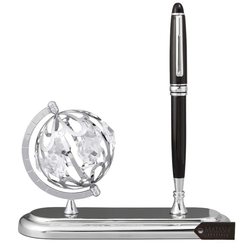 Highly Polished Chrome Plated Executive Globe Pen Desk Set by Matashi