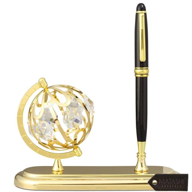 Matashi Highly Polished 24K Gold Plated Executive Desk Set With Pen and Globe Ornament