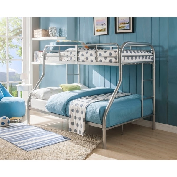 Metal Twin Over Full Bunk Bed with 2 Ladders, Silver
