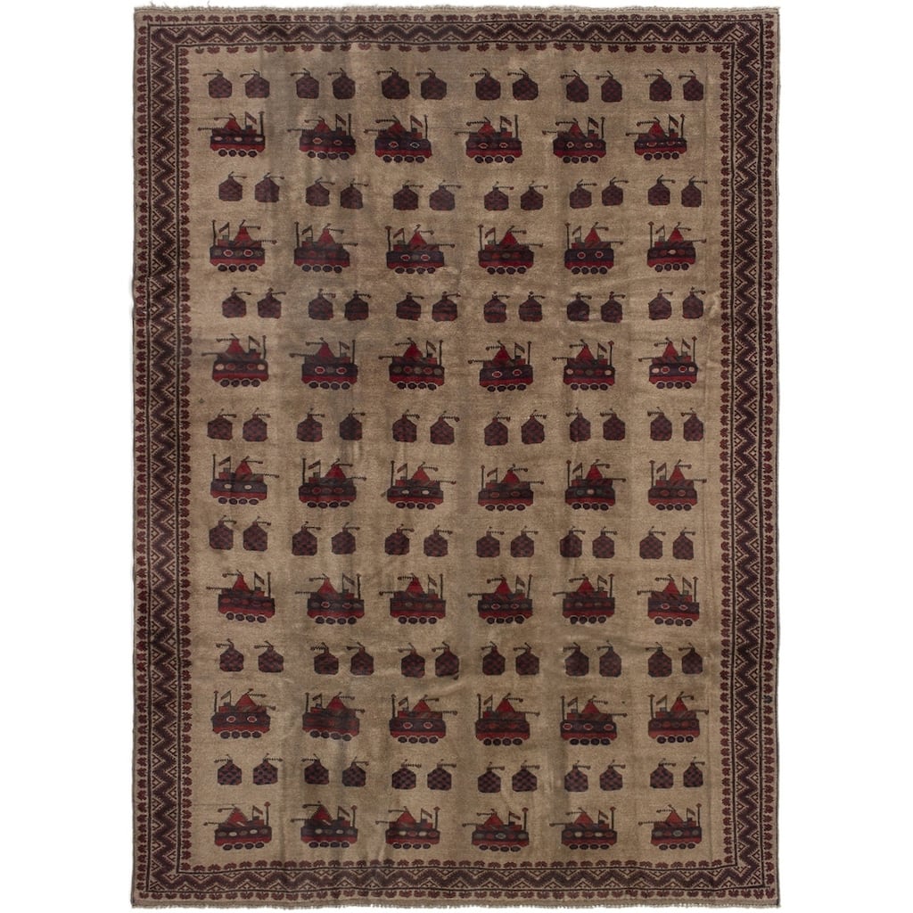 Hand-knotted Rare War Tan Wool Rug - 6'8 x 9'3/6'8" x 9'3"