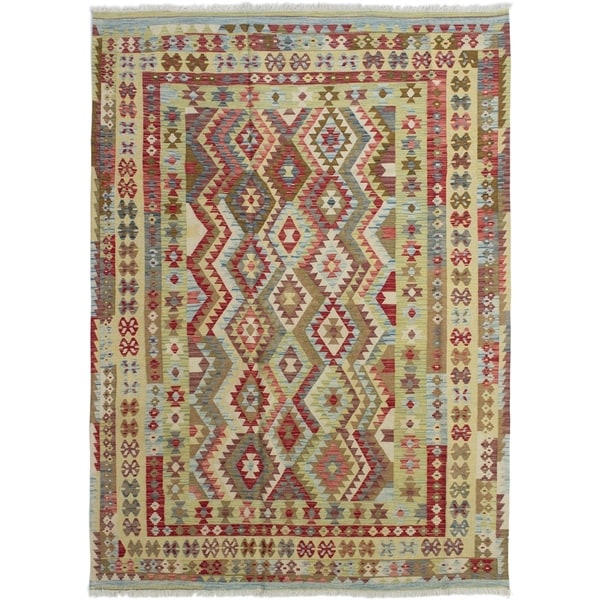 ECARPETGALLERY Flat-weave Hereke FW Light Green, Red Wool Kilim - 6'8 x 9'7