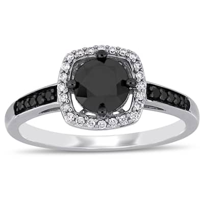 Miadora 14k White Gold 1 1/7ct TDW Black and White Diamond Halo Engagement Ring