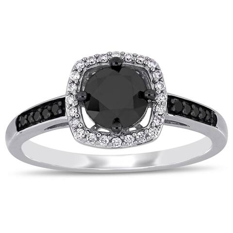 Miadora 14k White Gold 1 1/7ct TDW Black and White Diamond Halo Engagement Ring