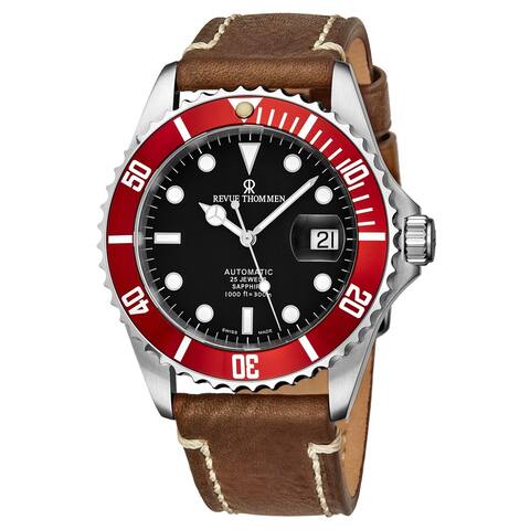 Revue Thommen Men's 17571.2536 'Diver' Black Dial Brown Suede Leather Strap Swiss Automatic Watch