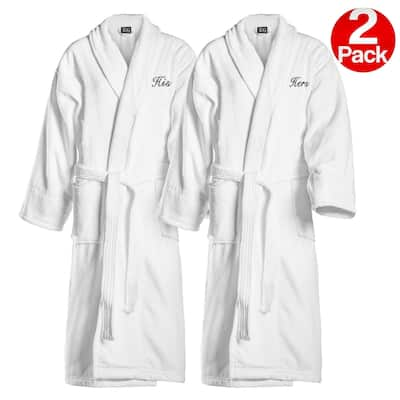 Kaufman -His and Hers Embroidered White Velour Shawl Collar Bathrobes with Monogram. 2 Set. BLACK