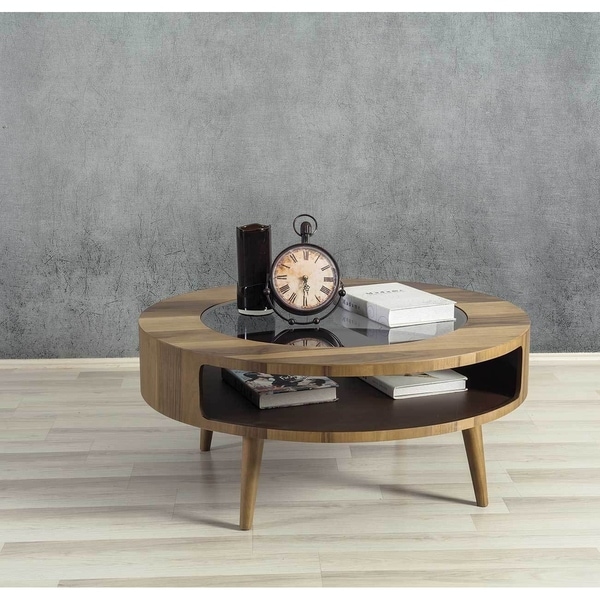 Moon Brown Walnut Wood/Glass Round Coffee Table