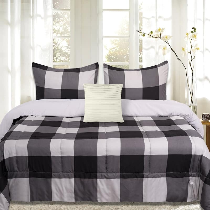 Sweet Home Collection 4 Piece Buffalo Check Comforter Set (Black and Grey)