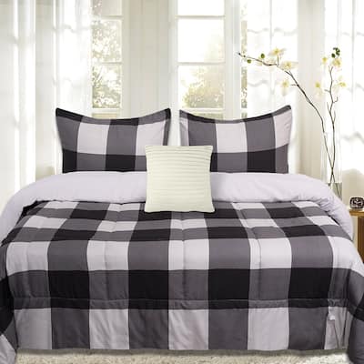 Sweet Home Collection 4 Piece Buffalo Check Comforter Set (Black and Grey)