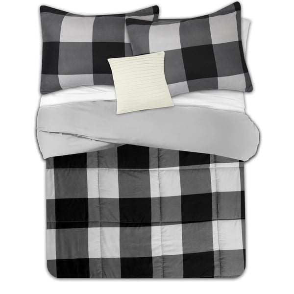Luxury Grey /& Black Reversible Buffalo Check Comforter AND Decorative Shams