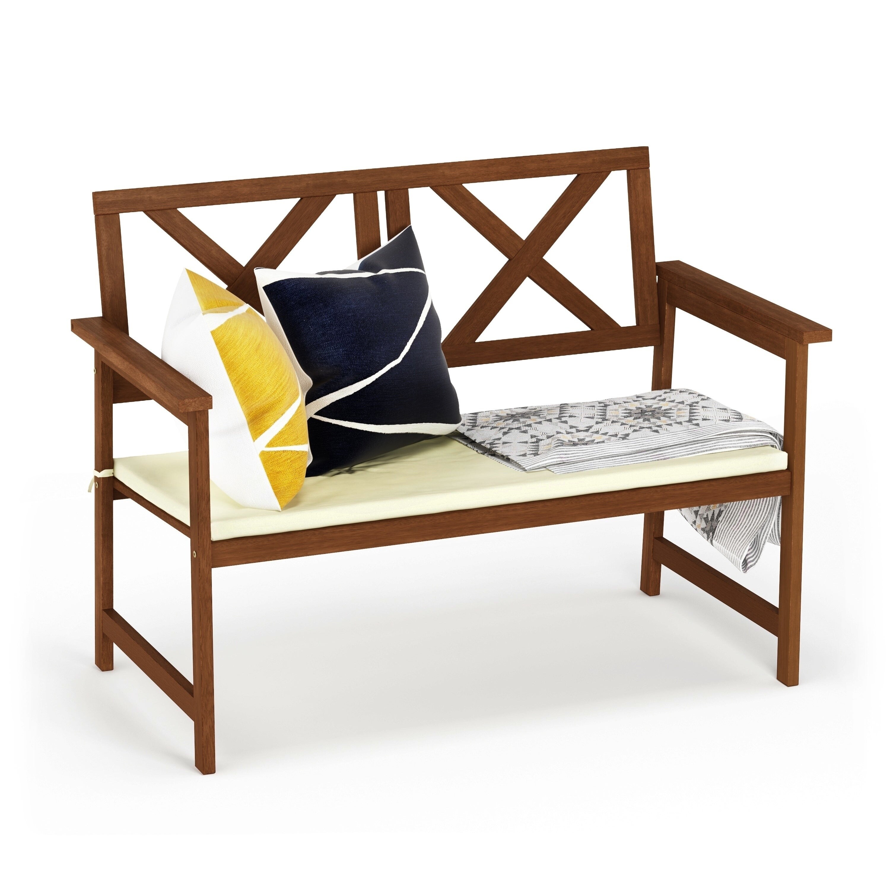 Tioman Hardwood X Back Bench in Teak Oil with Cushion 