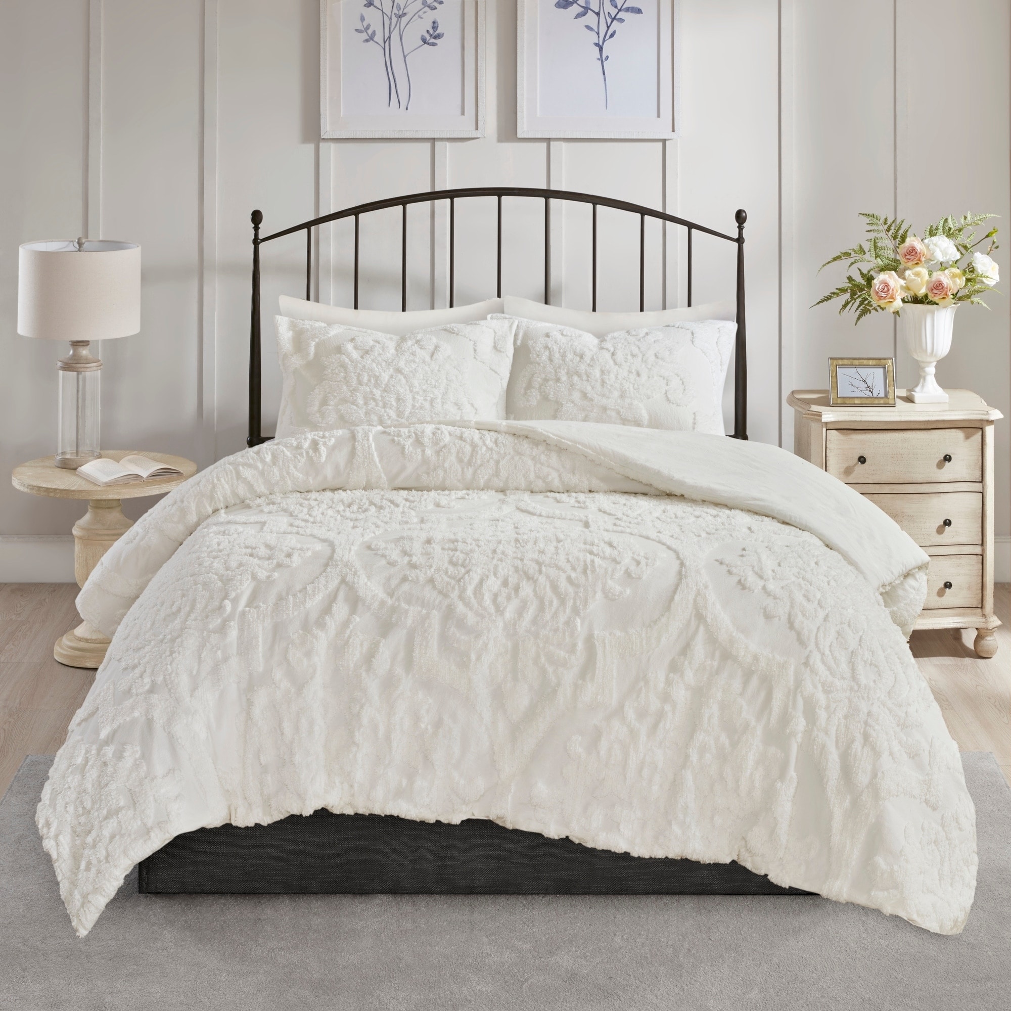 Madison Park Aeriela White 3 Piece King Cal King Size Tufted Cotton Chenille Damask Comforter Set As Is Item Overstock 25554288