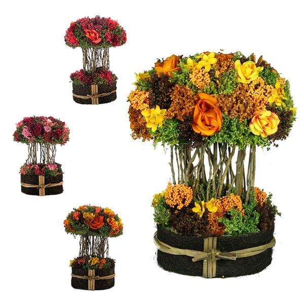 Essential Decor & Beyond 3pc. Floral in Willow Base EN70339 - Pink/Yellow - 14.5 x 10 x 7.5