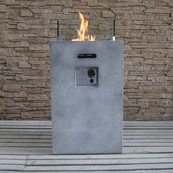 Fire Tables 16.3" Square Outdoor Propane Fire Pit with Glass Screen PVC Black Cover Lava Rocks Support (Light Cement Color)