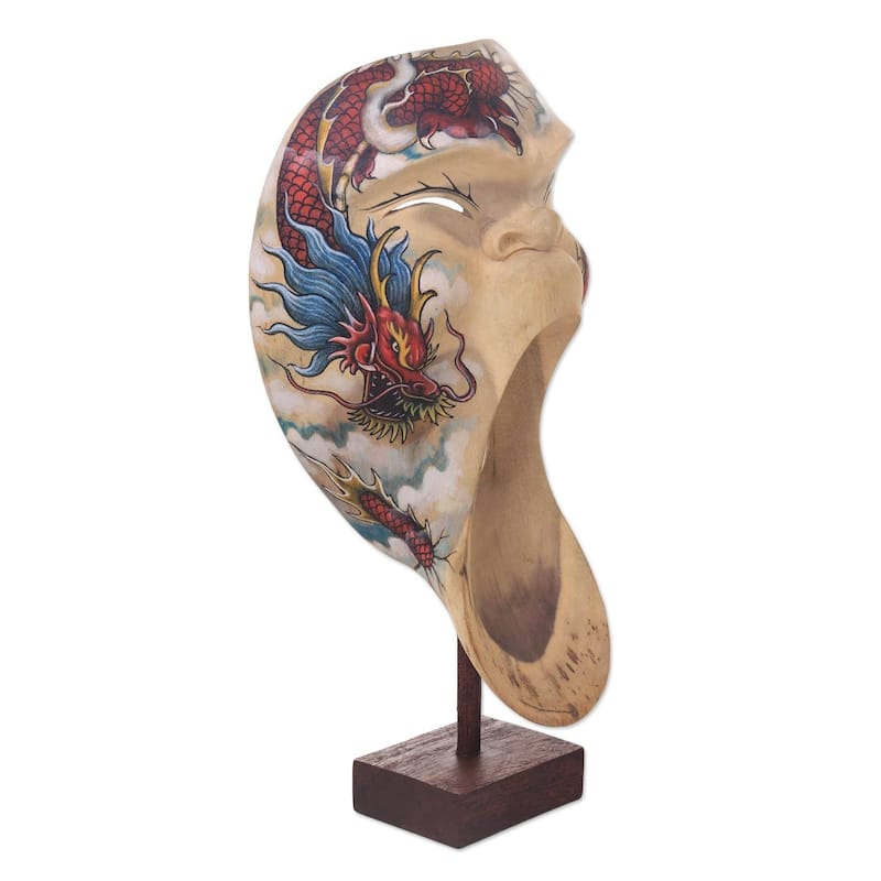 Handmade Dragon Scream Wood Mask (Indonesia) - 11.5" H x 6" W x 3.5" D