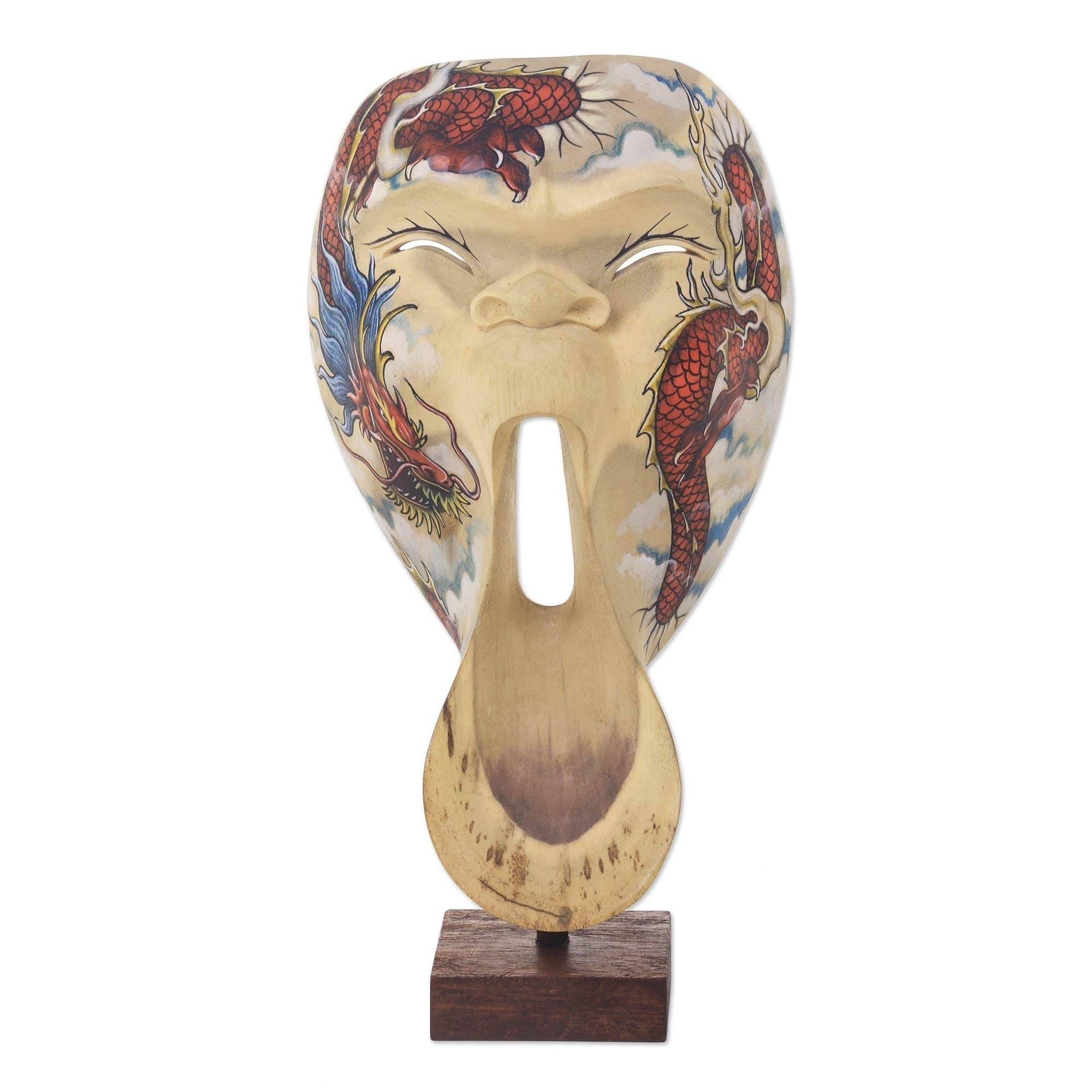 Handmade Dragon Scream Wood Mask (Indonesia) - 11.5" H x 6" W x 3.5" D