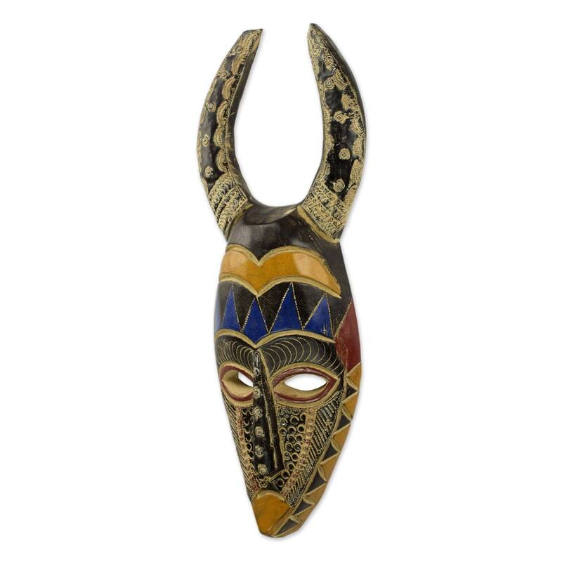 Handmade Horns Of Power African Wood Mask (Ghana) - 17.25" H x 6.25" W x 2.2" D