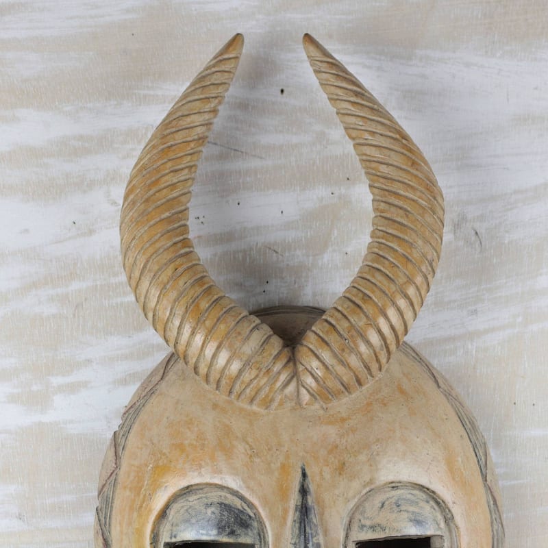 Handmade Yellow Gazelle African Wood Mask (Ghana) - 17.25" H x 9.5" W x 3.5" D