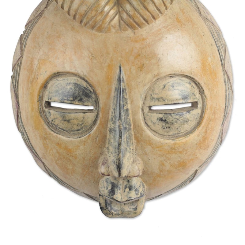 Handmade Yellow Gazelle African Wood Mask (Ghana) - 17.25" H x 9.5" W x 3.5" D