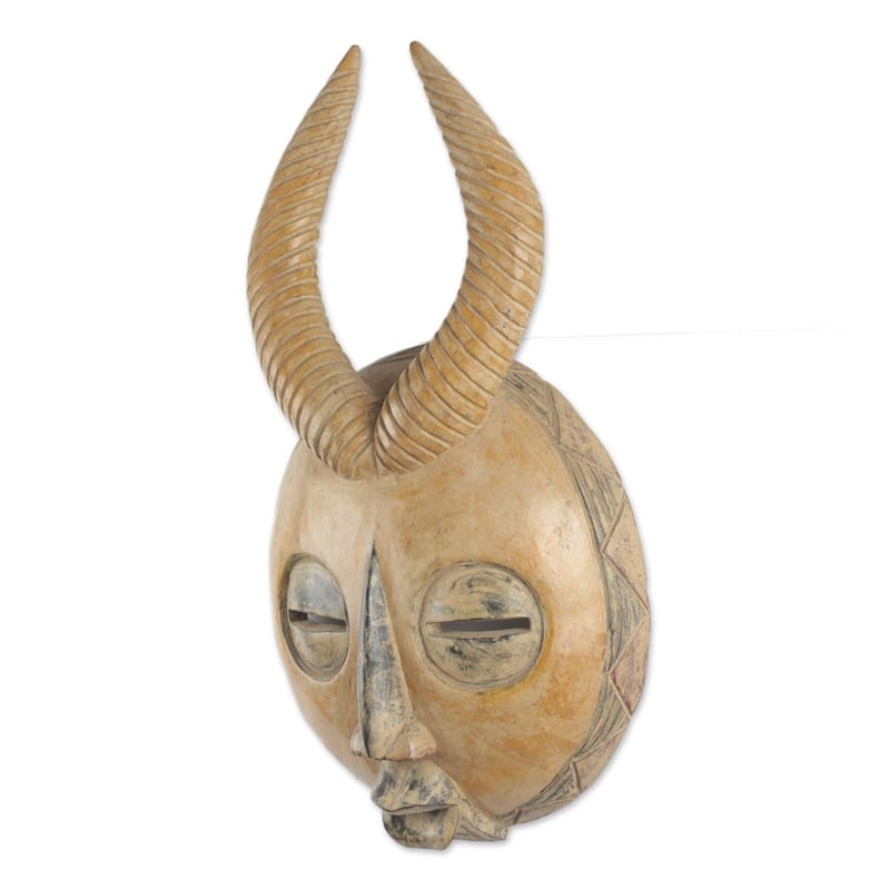 Handmade Yellow Gazelle African Wood Mask (Ghana) - 17.25" H x 9.5" W x 3.5" D