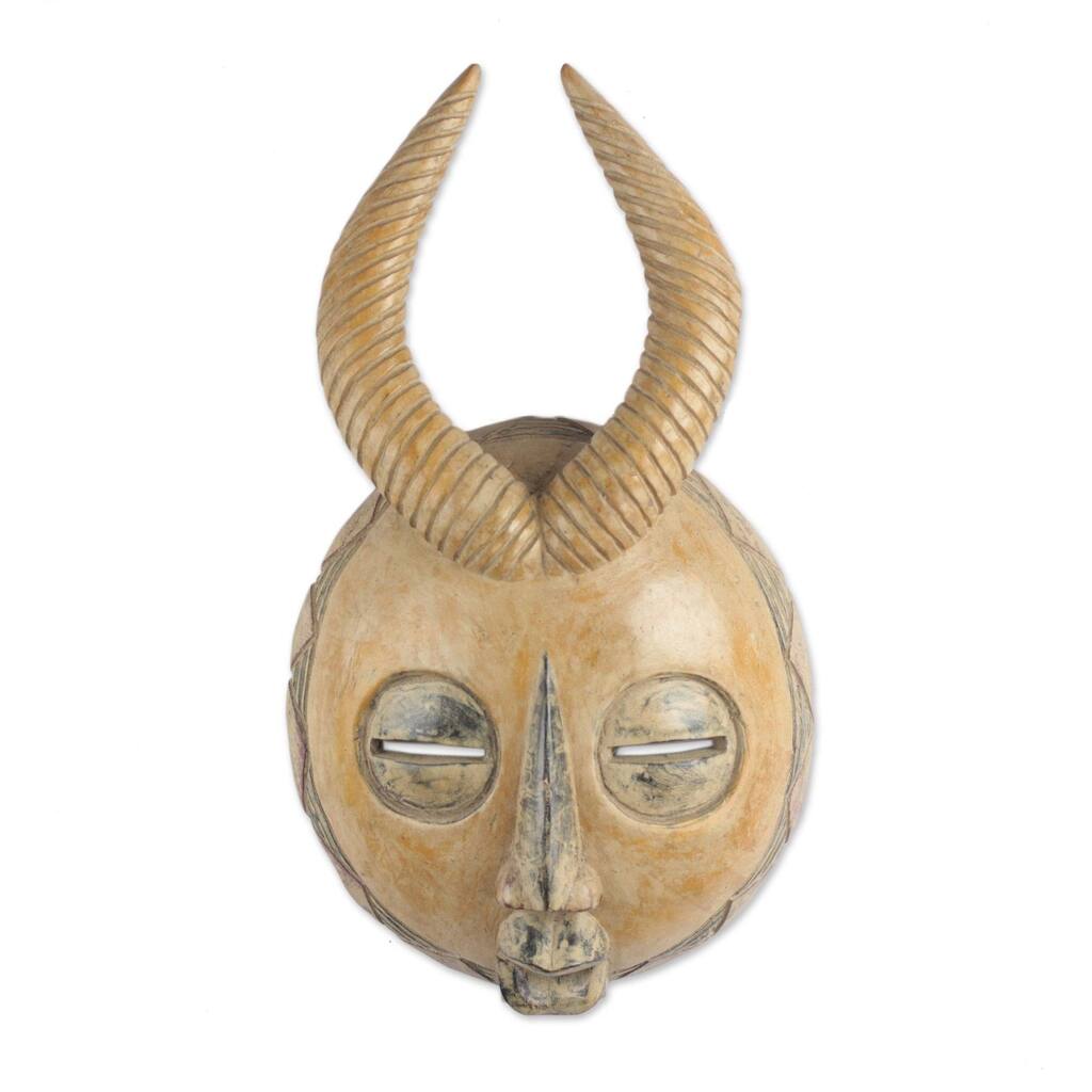 Handmade Yellow Gazelle African Wood Mask (Ghana) - 17.25" H x 9.5" W x 3.5" D