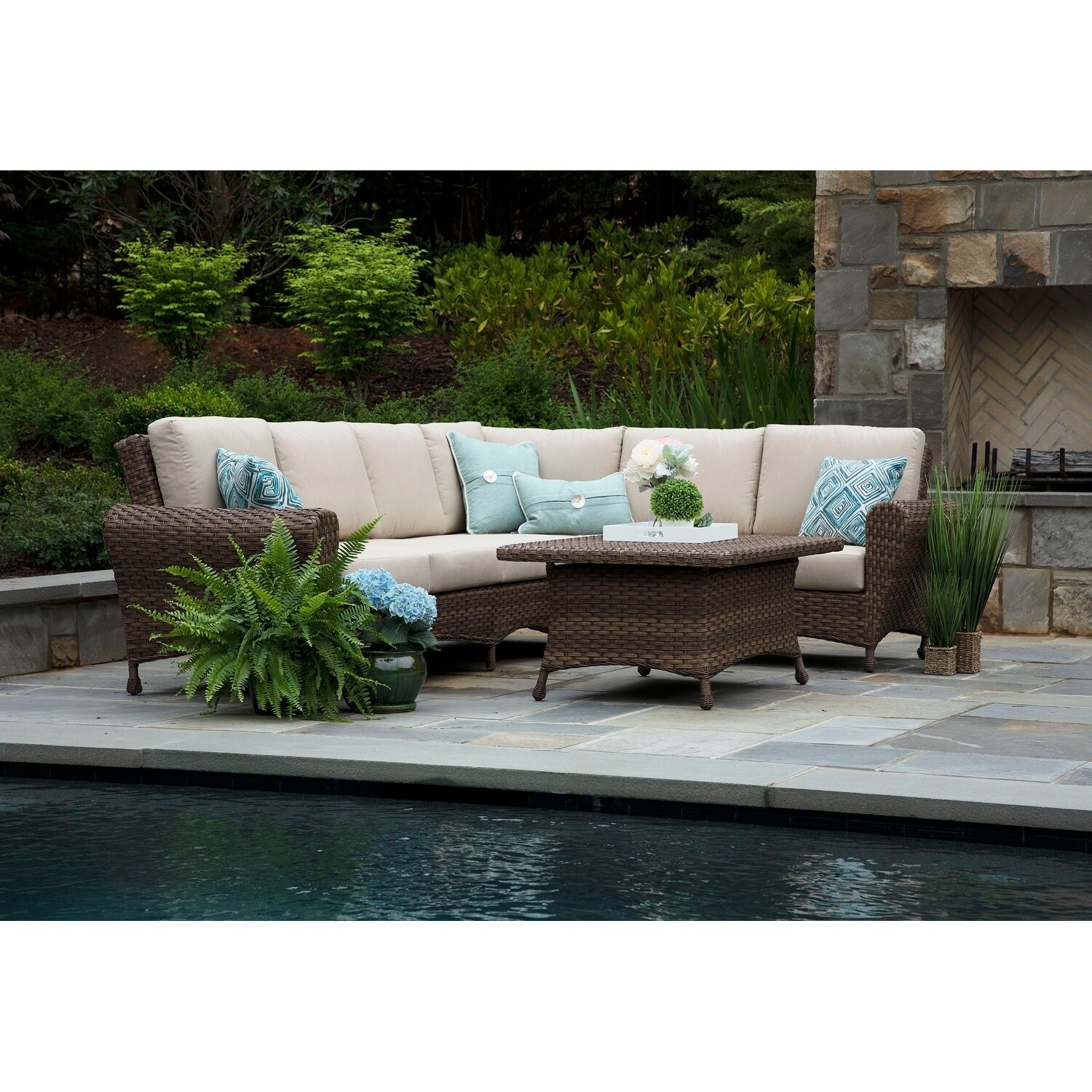 Shop Aspen Beige Sunbrella Wicker Aluminum 5 Piece Sectional Patio Set Overstock 25571719