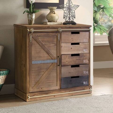 OS Home Model 475134 Farm House, Antique Barn Door, Distressed Multi Color Wood Pantry with Five Drawers and Two Shelves
