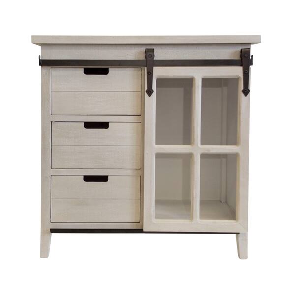 Shop Os Home Farmhouse Weathered White Finish Wood Barn Door Style Sliding Glass Door Storage Cabinet With Three Drawers Overstock 25572123