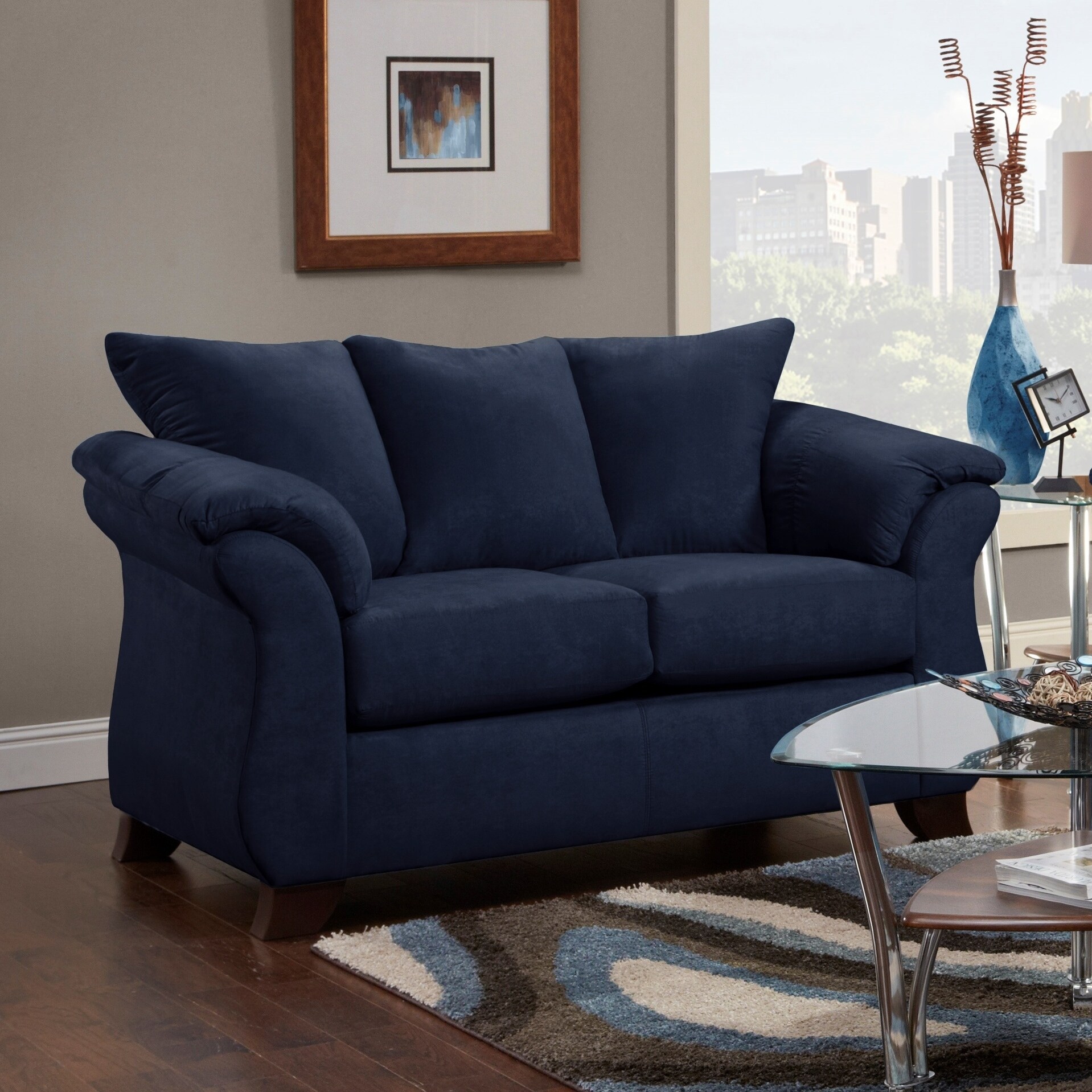 Aruca Navy Blue Microfiber Pillow Back Loveseat On Aruca Navy Blue Microfiber Pillow Back