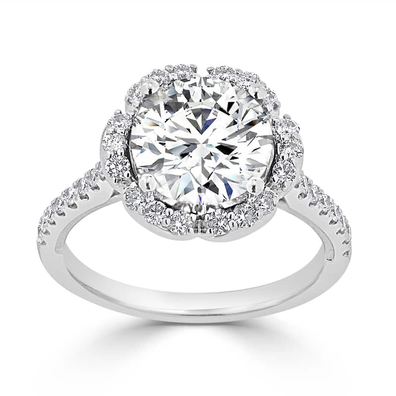 Round 2ct Moissanite and 3/8ct TDW Diamond Halo Engagement Ring