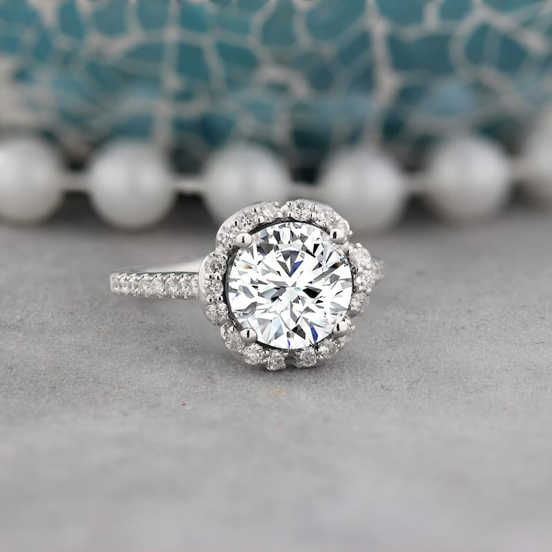 Round 2ct Moissanite and 3/8ct TDW Diamond Halo Engagement Ring