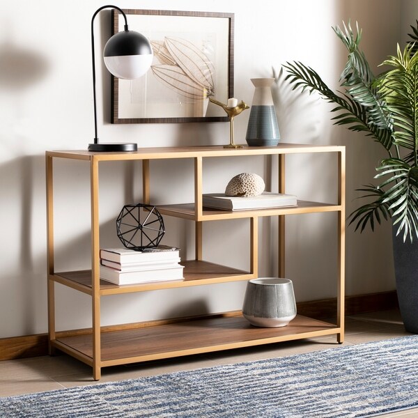 shop safavieh reese geometric console table -walnut/gold