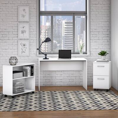 Office Complete Small Desk with File Cabinet and Bookcase in White