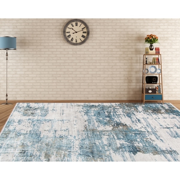 Padua Abstract Carved Blue Viscose/ Acrylic Area Rug - 4'11" x 7'6"