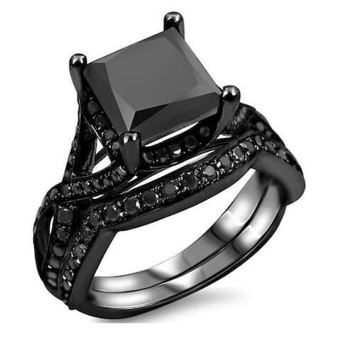 2 & 4/5 ct Black Princess Cut Diamond Bridal Set Engagement Ring 14k Black Plating Gold
