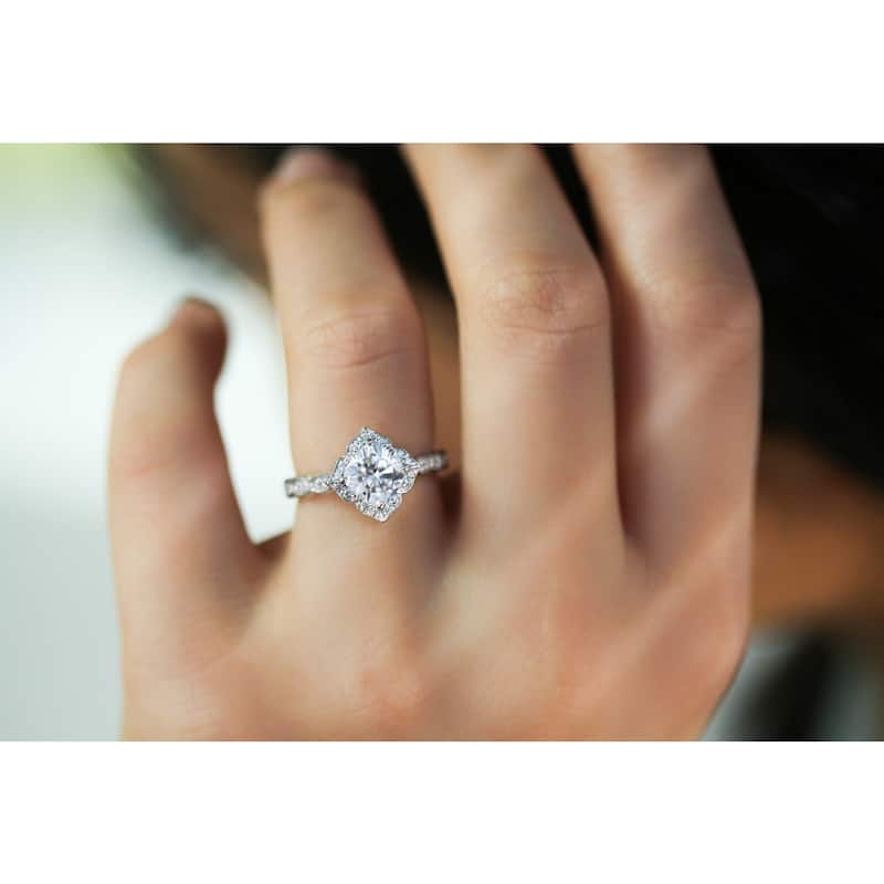 Annello by Kobelli 14k Gold 1 1/3 CTW Cushion Moissanite and Diamond Floral Halo Engagement Ring