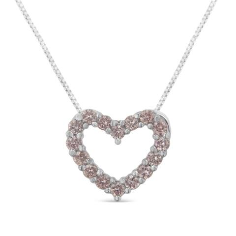 IGI Certified 14K White Gold 1/4 Cttw Natural Pink Diamond Open Heart 18" Pendant Necklace (Pink, I1)