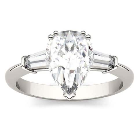 Moissanite by Charles & Colvard 14k White Gold 2.47 DEW Pear Solitaire Engagement Ring with Baguette Side Accents
