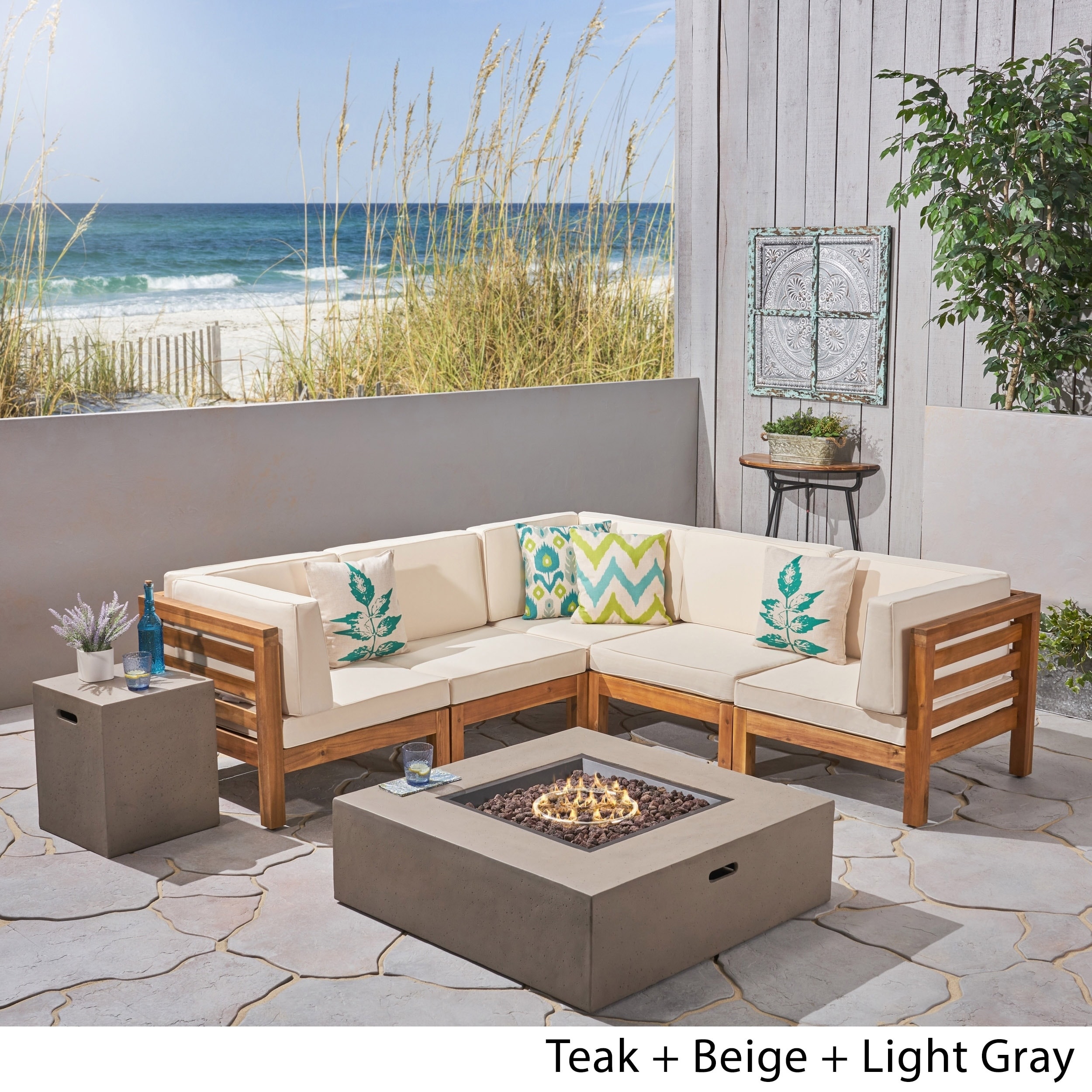 Oana Outdoor 7-Piece V-Shaped Acacia Wood Sectional Sofa Set with