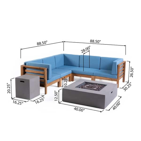 dimension image slide 2 of 5, Oana Outdoor 7-Piece V-Shaped Acacia Wood Sectional Sofa Set with Fire Pit by Christopher Knight Home
