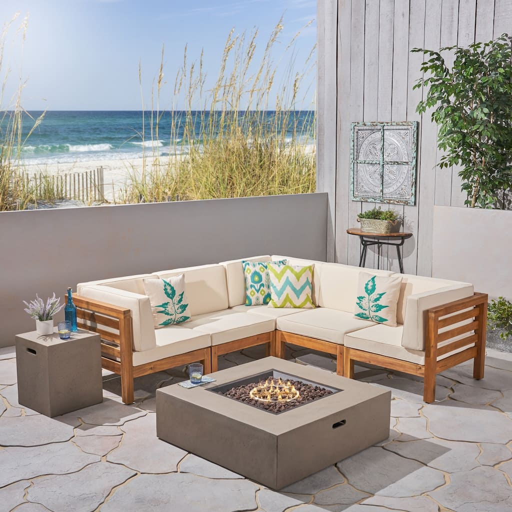 Oana Outdoor 7-Piece V-Shaped Acacia Wood Sectional Sofa Set with Fire Pit by Christopher Knight Home