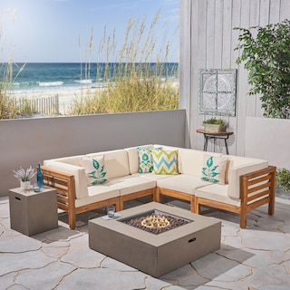 Oana Outdoor 7-Piece V-Shaped Acacia Wood Sectional Sofa Set with Fire Pit by Christopher Knight Home