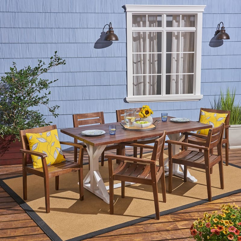Kentwood Outdoor Rustic Acacia Wood 7 Piece Dining Set by Christopher Knight Home - dark brown + white